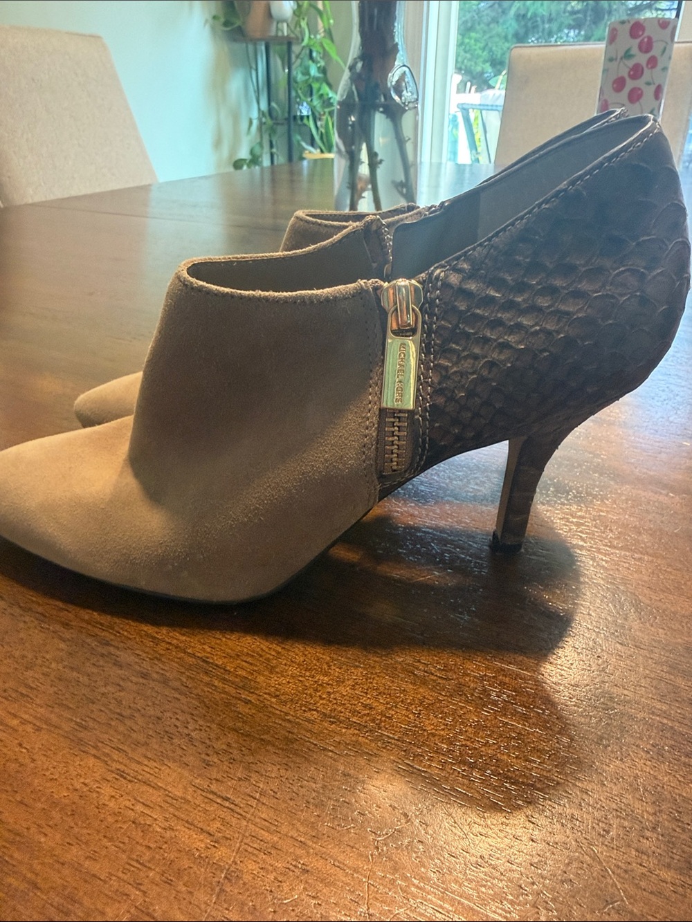 MICHAEL Michael Kors Taupe Suede Pointed Toe Ankle Booties with Textured Heel
